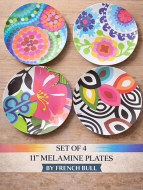 French Bull Set of 4 Melamine Dinner Plates 11” Colorful Floral Mod Pop Art
